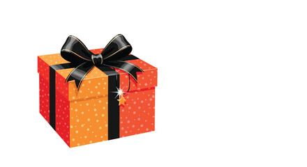 Obraz premium A festive illustration of a red and orange polka-dotted gift box, tied with a black bow and ribbon, and a sparkling star charm, isolated on white.