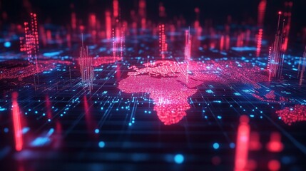 Digital 3D map highlighting Africa with glowing red and blue data points and vertical light bars on a dark grid background illustrating data visualization and technology