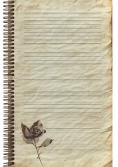 Open spiral-bound notebook with aged, wrinkled paper and lined pages featuring a vintage sepia-toned rose illustration in the lower left corner