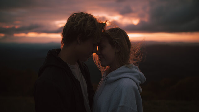 Couple, romance, love, sunset, landscape, loving couple