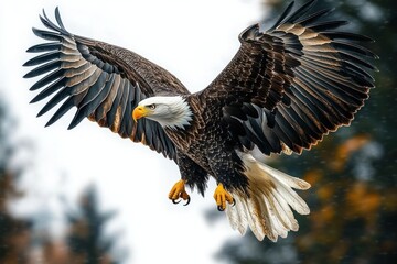 Fototapeta premium majestic bald eagle in mid-flight with wings fully spread showcasing detailed feathers and intense focused gaze against a blurred natural background