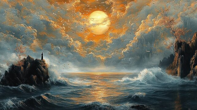 A dramatic seascape at sunset with rough waves crashing against dark rocky cliffs under a golden-orange glowing sky and a lone figure standing on a cliff edge - Powered by Adobe