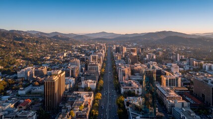 Fototapeta premium High angle aerial view captures urban development stretching towards distant rolling terrain during sunrise