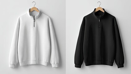 Sweaters white and black, on hangers, neutral background