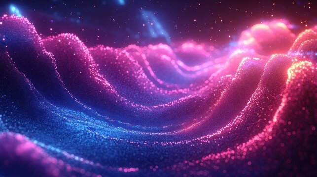 Abstract glowing landscape of colorful particles forming wave-like hills in vibrant pink, purple, and blue hues creating a futuristic and dynamic mood