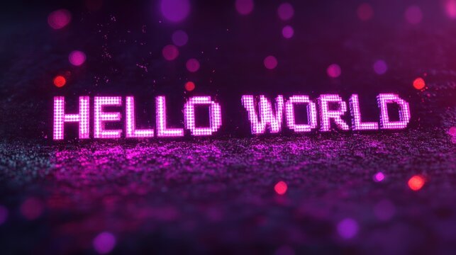 Bright pink digital text saying hello world glowing on a dark textured surface with purple and red bokeh light effects evoking a futuristic and vibrant atmosphere - Powered by Adobe