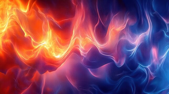 Dynamic interplay of warm fiery orange and cool blue wisps blending in a fluid abstract composition evoking energy and movement