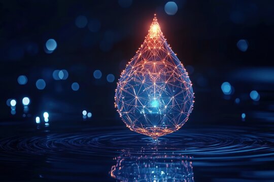 Glowing digital water droplet formed by interconnected orange nodes and lines suspended above rippling dark water with blue bokeh lights in the background