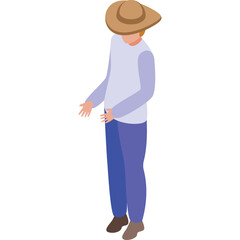 Isometric cowboy hat person standing wearing light blue long sleeve shirt and blue pants with brown shoes on white background