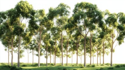 Obraz premium Row of tall, lush green trees with full canopies standing on vibrant green grass under bright natural light