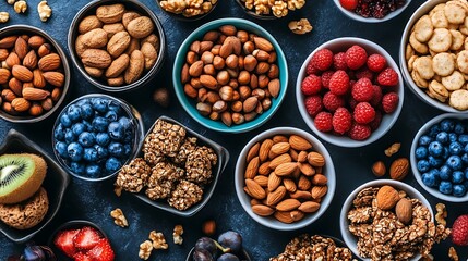 Healthy snack bowls with nuts, seeds, berries and fruits on dark background