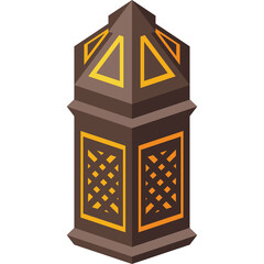 Isometric Dark Brown Lantern with Orange Glowing Geometric Panels on Transparent Background