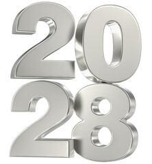 Sleek 3D Silver Chrome Numbers 2028 Stacked Vertically, Symbolizing the Future Date and New Year Celebration.