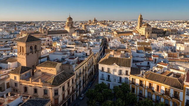 Extensive urban panorama displays historic architecture under a bright clear sky - Powered by Adobe