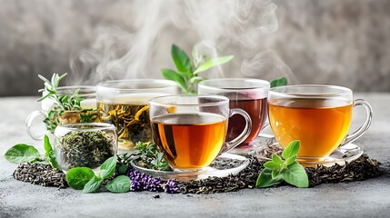 Various kinds of herbal tea in glass cups with herbs and steam on table