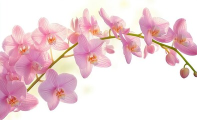 Fototapeta premium Elegant branch of light pink orchid flowers with delicate petals and soft lighting against a bright white background
