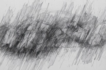 Abstract black and white sketch featuring chaotic overlapping lines and sharp diagonal strokes creating a sense of dynamic movement and tension