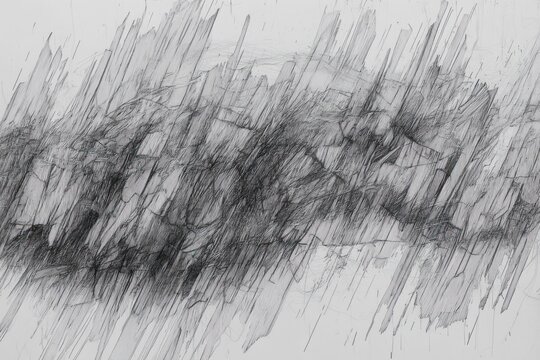 Abstract black and white sketch featuring chaotic overlapping lines and sharp diagonal strokes creating a sense of dynamic movement and tension