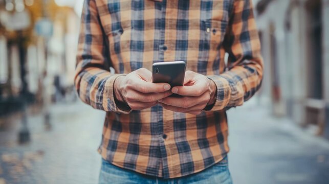 Close-up of a man in casual plaid shirt using smartphone outdoors, focusing on hands and device, representing modern communication, messaging, and digital lifestyle.