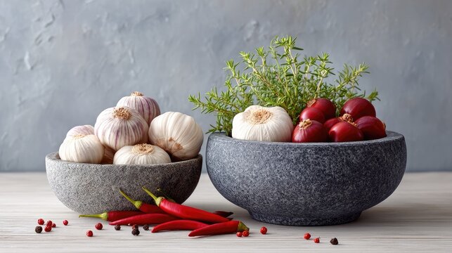 Two stone bowls filled with garlic and red chili peppers garnished with thyme and peppercorns set against a textured grey background