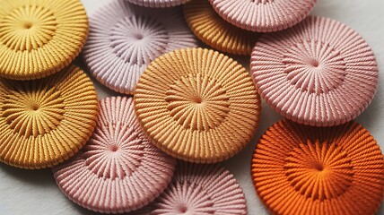 Colorful handcrafted knitted buttons with delicate patterns and soft colors