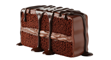 Decadent slice of rich chocolate cake with thick ganache frosting and drizzles of dark chocolate sauce