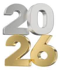 Metallic 2026 Year Composition: Silver 20 Stacked Over Shiny Gold 26, Modern 3D Render Illustration