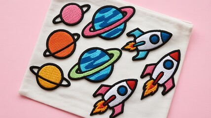 Cosmic embroidery patches of planets and rockets on fabric background