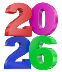 Multicolored glossy 3D numbers forming the year 2026, symbolizing the future, celebration, and upcoming events.