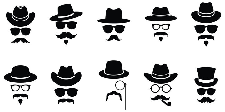 Glasses, hat and mustache, Gentleman icon set. Old fashioned gentleman accessories icon set. Secret agent icon in a hat and glasses mustache. Vector illustration.