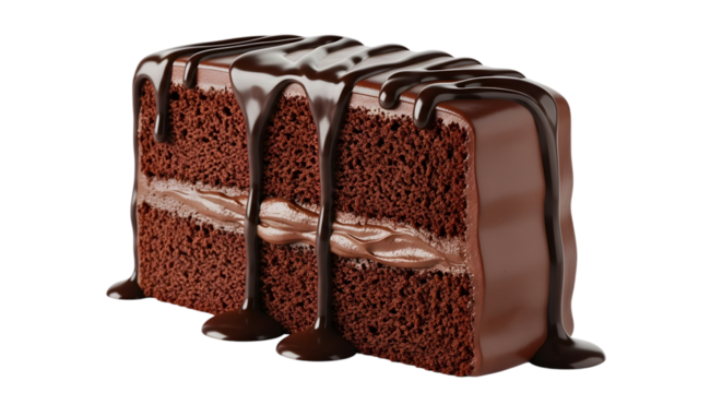 Decadent slice of rich chocolate cake with thick ganache frosting and drizzles of dark chocolate sauce