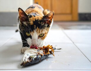 A Calico Cat Enjoying a Meal of Fish on a Tiled Floor with Natural Light