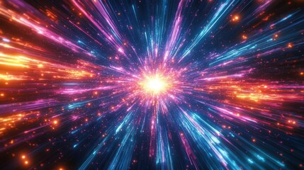 Fototapeta premium Bright colorful explosion of light rays and particles radiating from a central glowing core in vivid blue, pink, purple, and orange hues