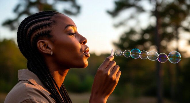 Young Black woman with cornrows blowing soap bubbles outdoors. Profile of a person enjoying a playful moment in nature at sunset