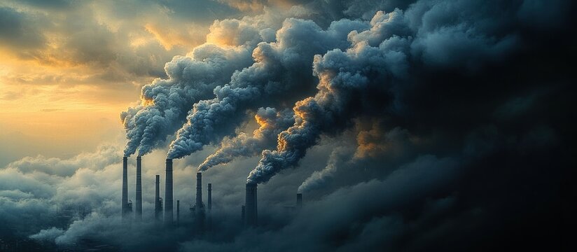 Industrial chimneys emitting thick dark smoke into a cloudy sky during sunset, creating an ominous and polluted atmosphere