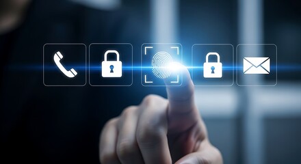 Futuristic biometric authentication concept with a finger scanning a glowing print for secure data access and login