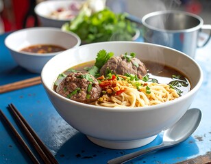 A close-up shot of a bowl of meatballs with noodles in a delicious soup