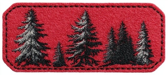 Red tag with evergreen trees stitched in black thread