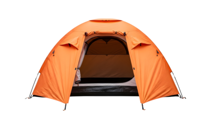 Bright orange camping tent with open door and dark background for outdoor adventure and recreation