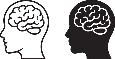 Human head silhouette with brain icon profile views conceptual medical and psychology symbolism