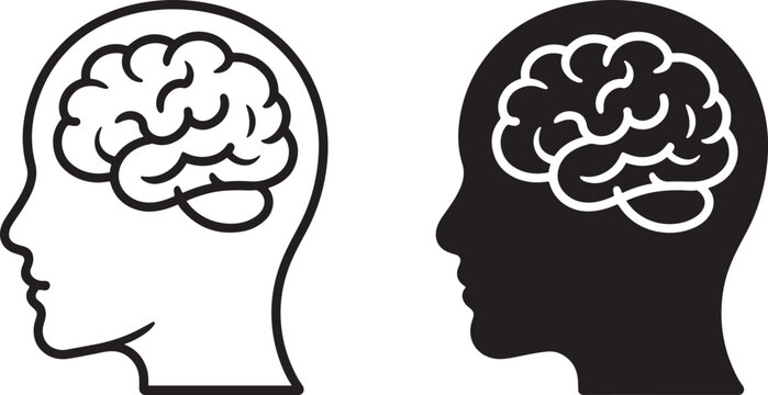 Human head silhouette with brain icon profile views conceptual medical and psychology symbolism