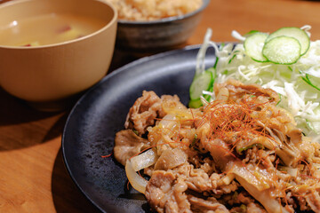 Homemade Japanese dinner with pork stir fry
