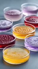 Naklejka premium Assortment of colorful petri dishes filled with various microbial cultures in a laboratory setting with sterile lighting