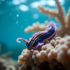 Blue Pink and Gold Sea Slug Moving Gracefully Over Coral in Sunlit Water
