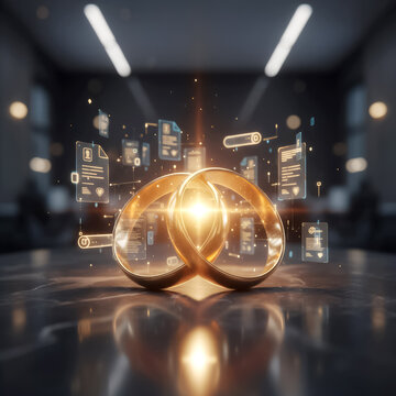 gold wedding rings with holograms of marriage documents and data in an office setting