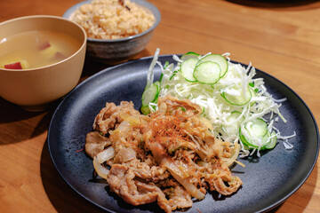 Homemade Japanese dinner with pork stir fry
