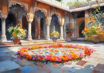 Sunlit courtyard with intricate arches surrounding a colorful circular flower bed and large flower pots, evoking a tranquil and warm atmosphere