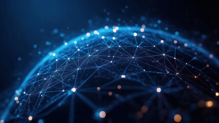 Abstract glowing network of interconnected points and lines forming a digital globe on dark blue background, symbolizing global communication and data connections