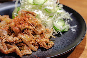 Homemade Japanese dinner with pork stir fry
