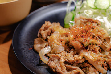 Homemade Japanese dinner with pork stir fry
